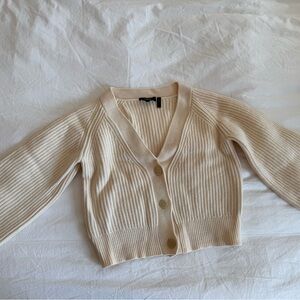 Theory Cream Ribbed V-Neck Cropped Cardigan